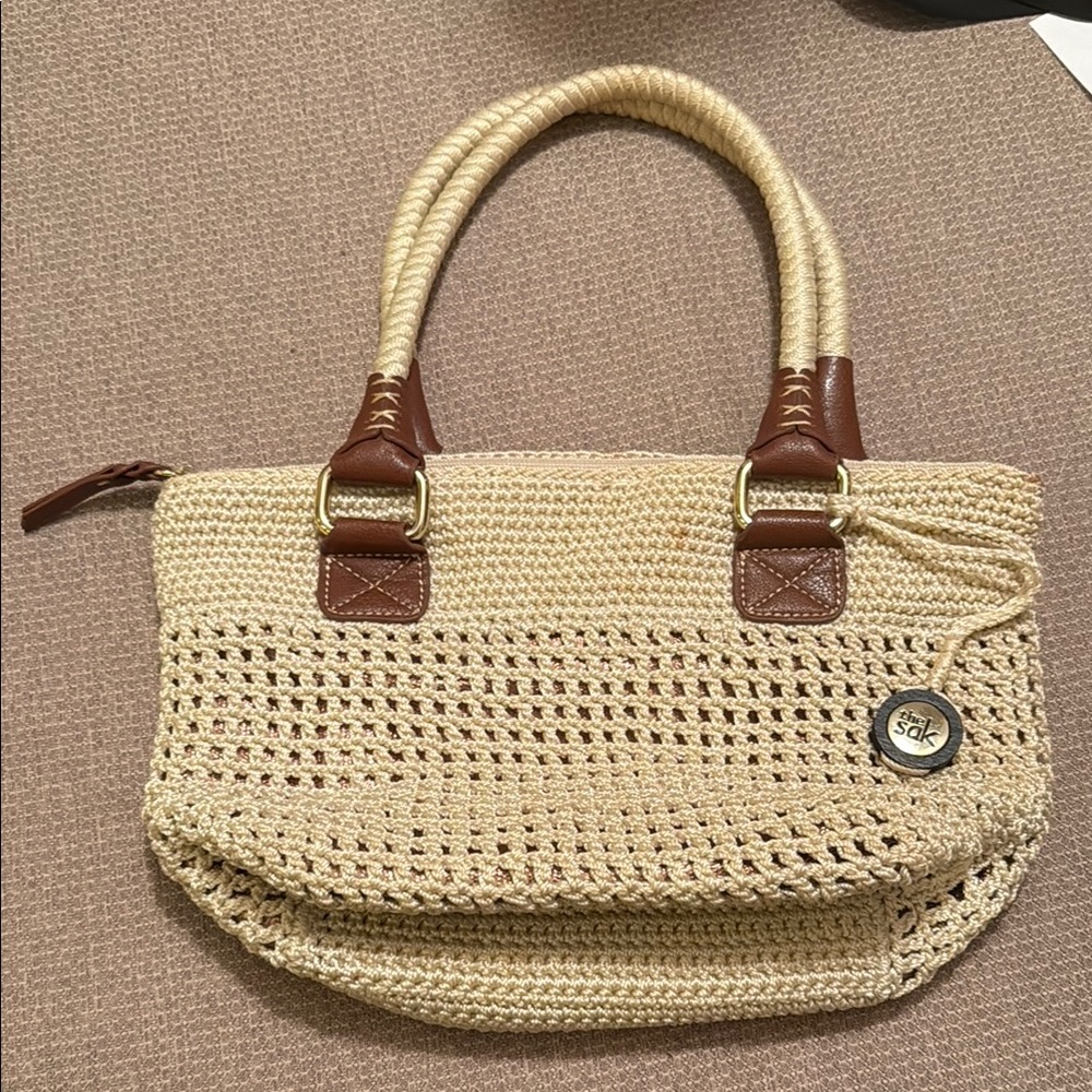 The Sak Ivory‎ Gold Sparkly Crochet Knit Handbag Cream Brown